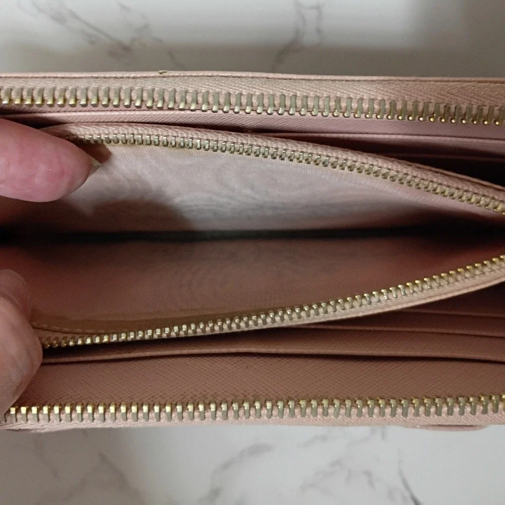 PRADA Light Pink Saffiano Leather Bow Zip-Around Wallet
